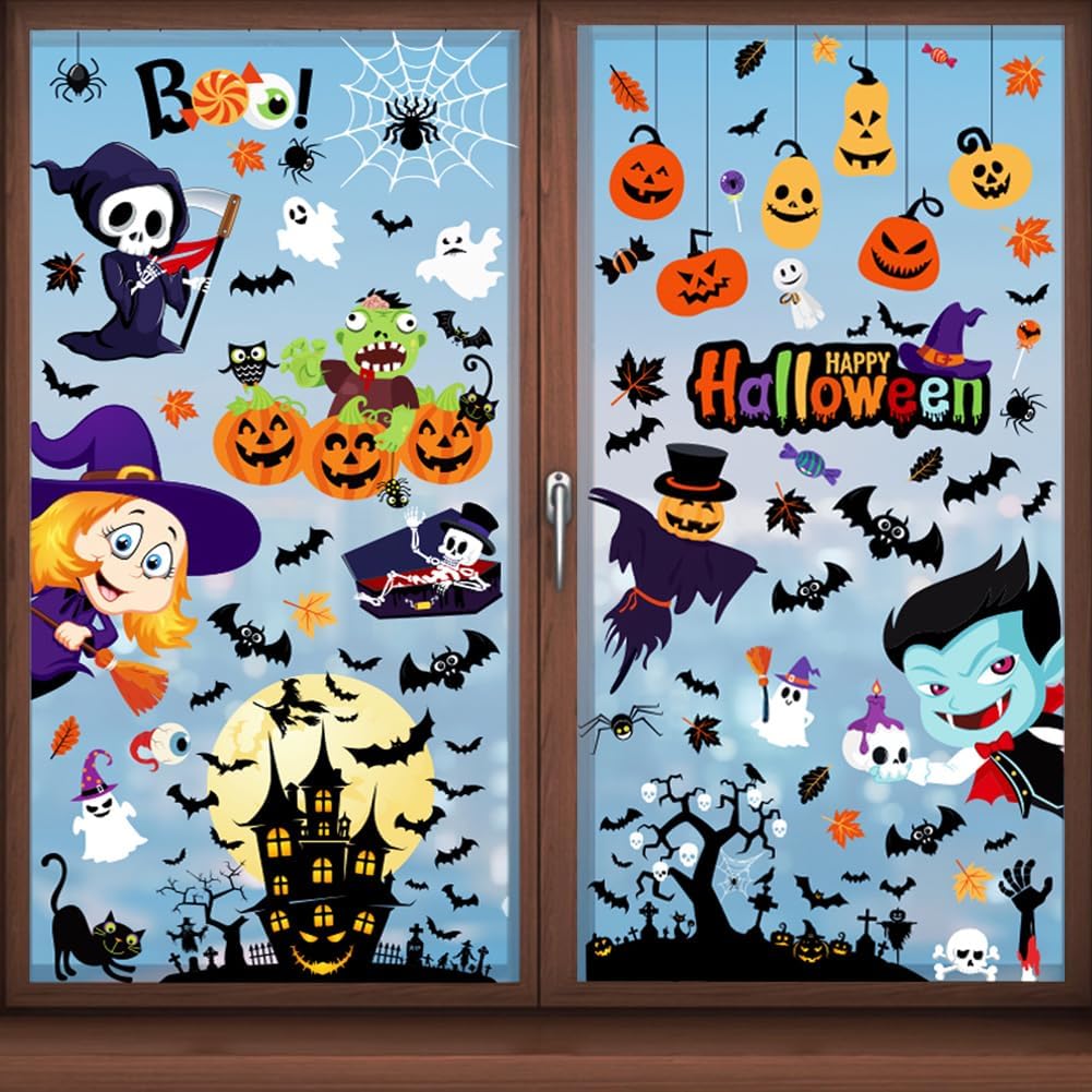 Halloween Window Clings Decorations,9 Sheets Reusable Static Cute Decals Stickers for Home Office Glass Window Door Wall Holiday Party Indoor Outdoor Decor