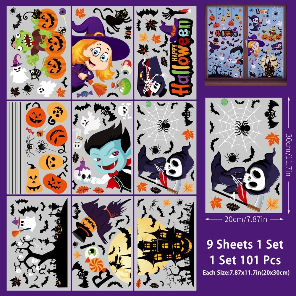 Halloween Window Clings Decorations,9 Sheets Reusable Static Cute Decals Stickers for Home Office Glass Window Door Wall Holiday Party Indoor Outdoor Decor