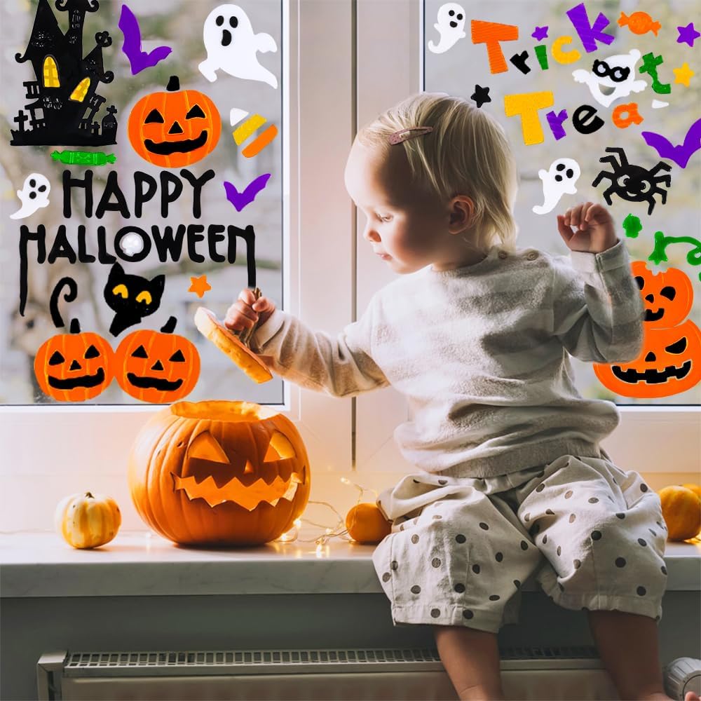 6 Pcs Halloween Gel Window Clings – Pumpkins, Ghosts, Bats & Spiders Party Decorations