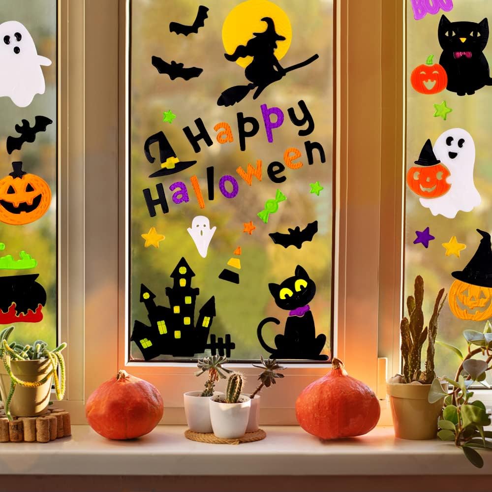 6 Sheets Halloween Gel Window Clings – Pumpkin, Ghost & Witch Stickers for Window Decor