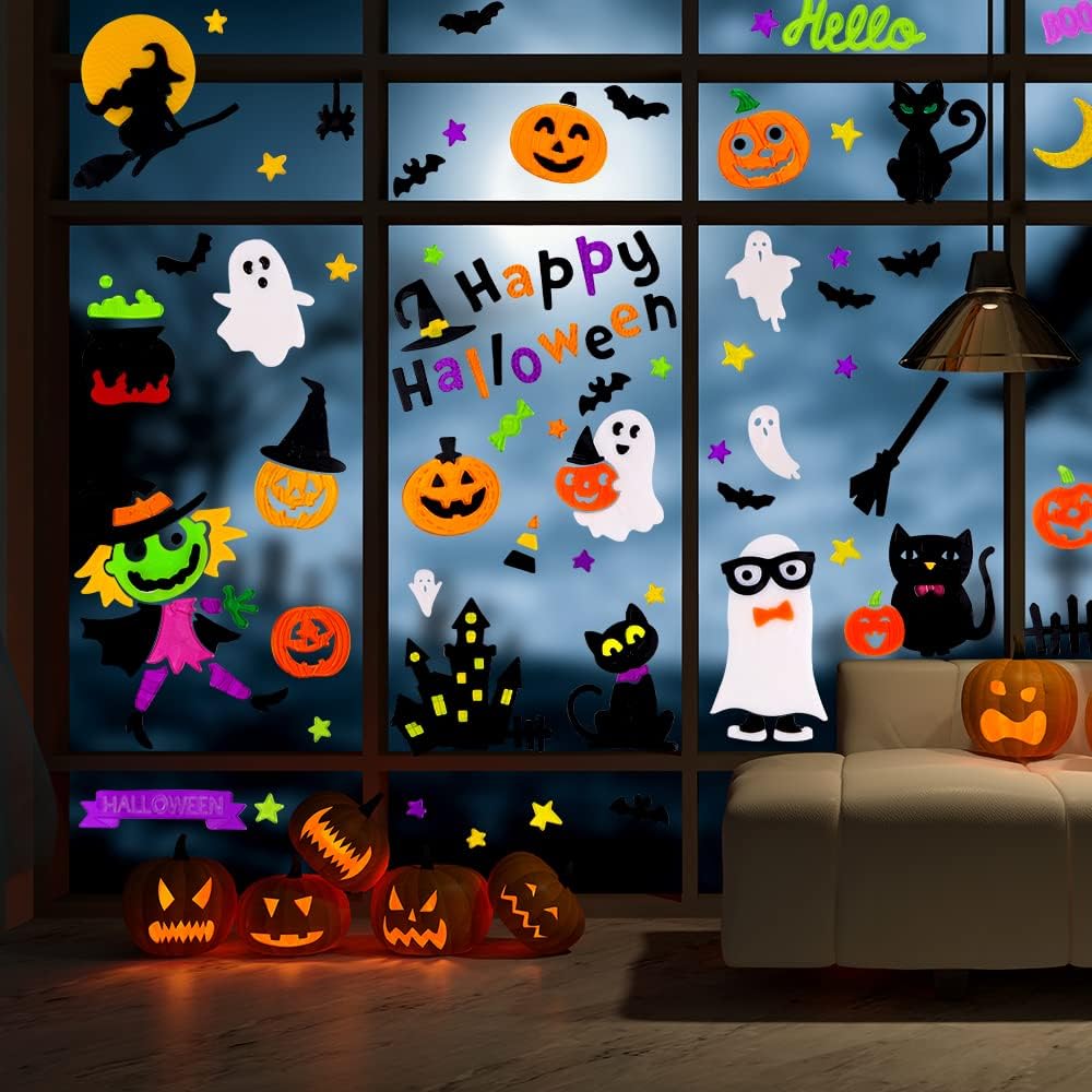 6 Sheets Halloween Gel Window Clings – Pumpkin, Ghost & Witch Stickers for Window Decor