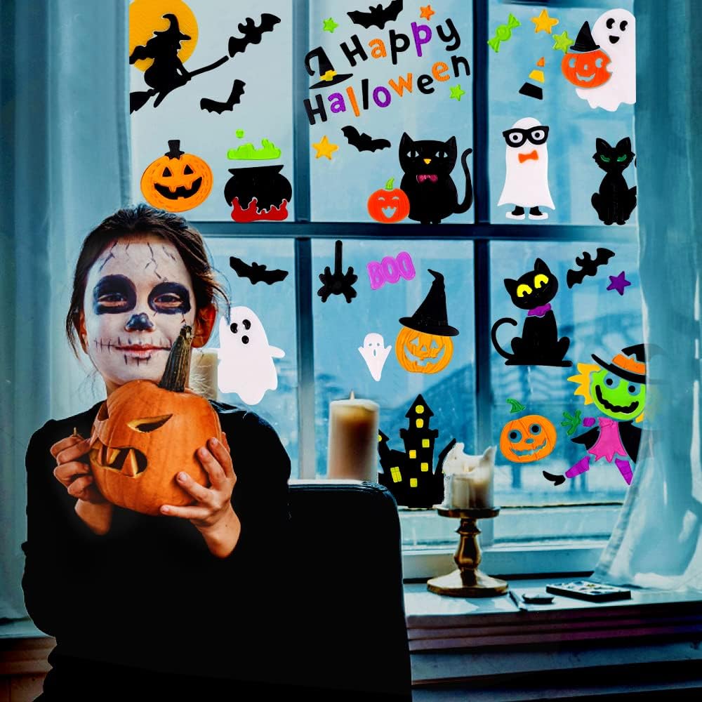 6 Sheets Halloween Gel Window Clings – Pumpkin, Ghost & Witch Stickers for Window Decor