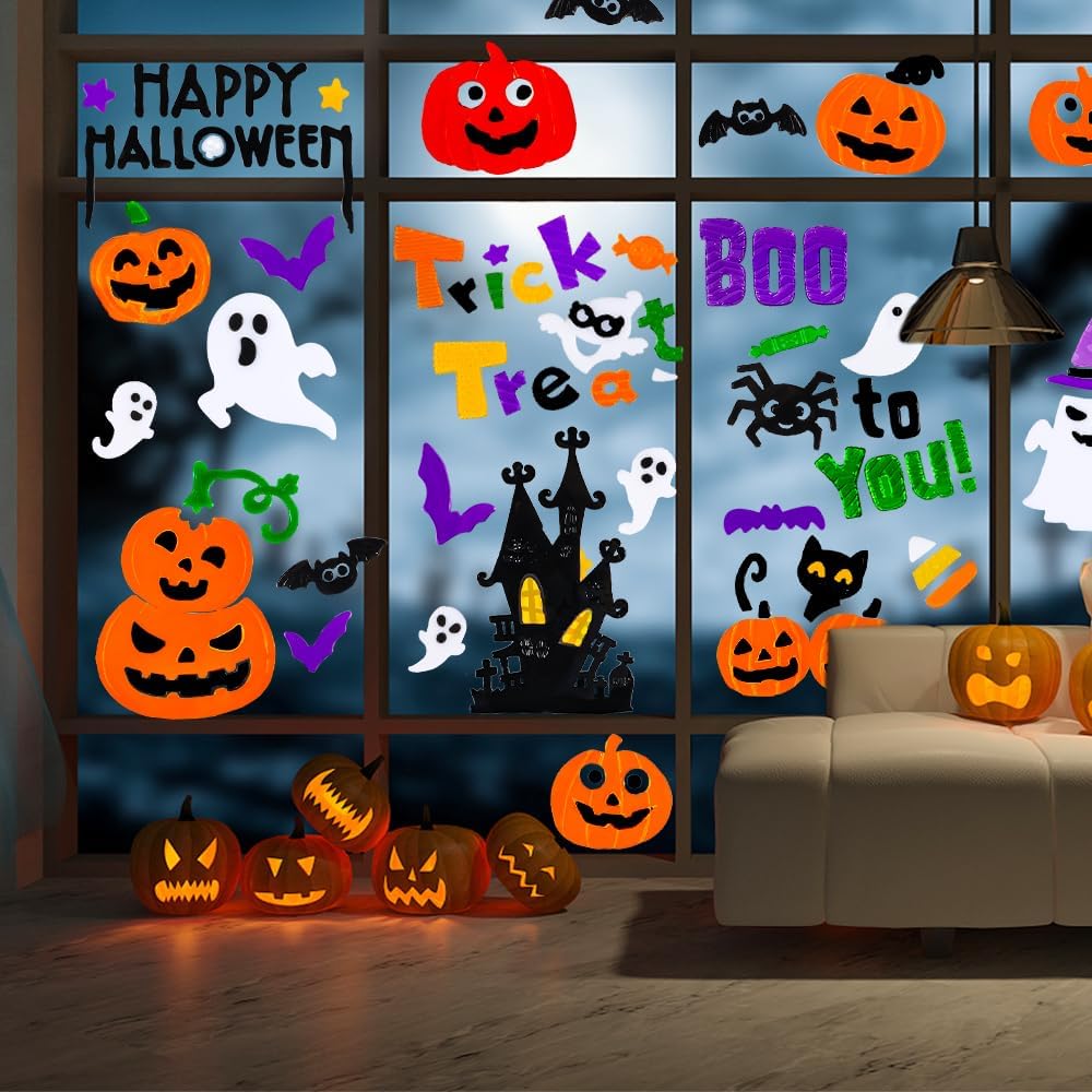 6 Pcs Halloween Gel Window Clings – Pumpkins, Ghosts, Bats & Spiders Party Decorations