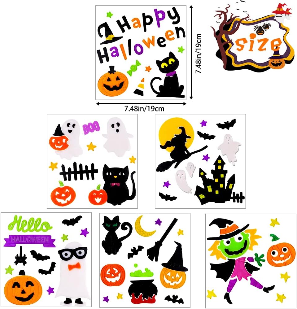 6 Sheets Halloween Gel Window Clings – Pumpkin, Ghost & Witch Stickers for Window Decor