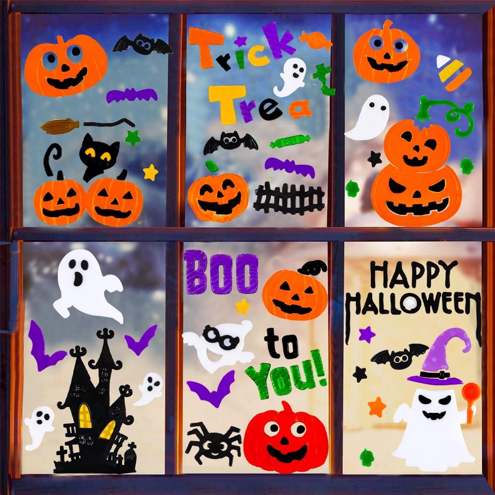 6 Pcs Halloween Gel Window Clings – Pumpkins, Ghosts, Bats & Spiders Party Decorations