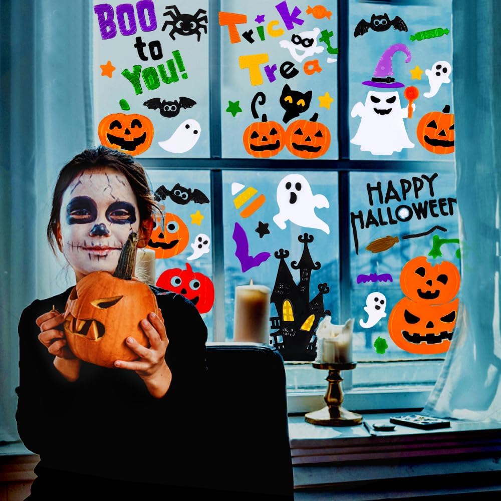 6 Pcs Halloween Gel Window Clings – Pumpkins, Ghosts, Bats & Spiders Party Decorations