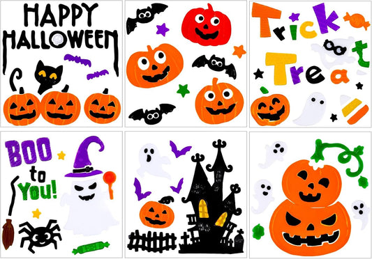 6 Pcs Halloween Gel Window Clings – Pumpkins, Ghosts, Bats & Spiders Party Decorations
