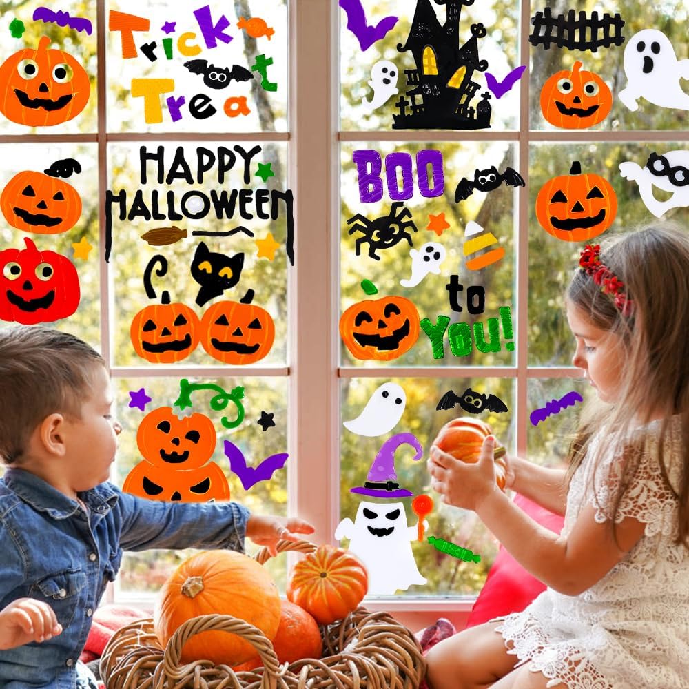 6 Pcs Halloween Gel Window Clings – Pumpkins, Ghosts, Bats & Spiders Party Decorations